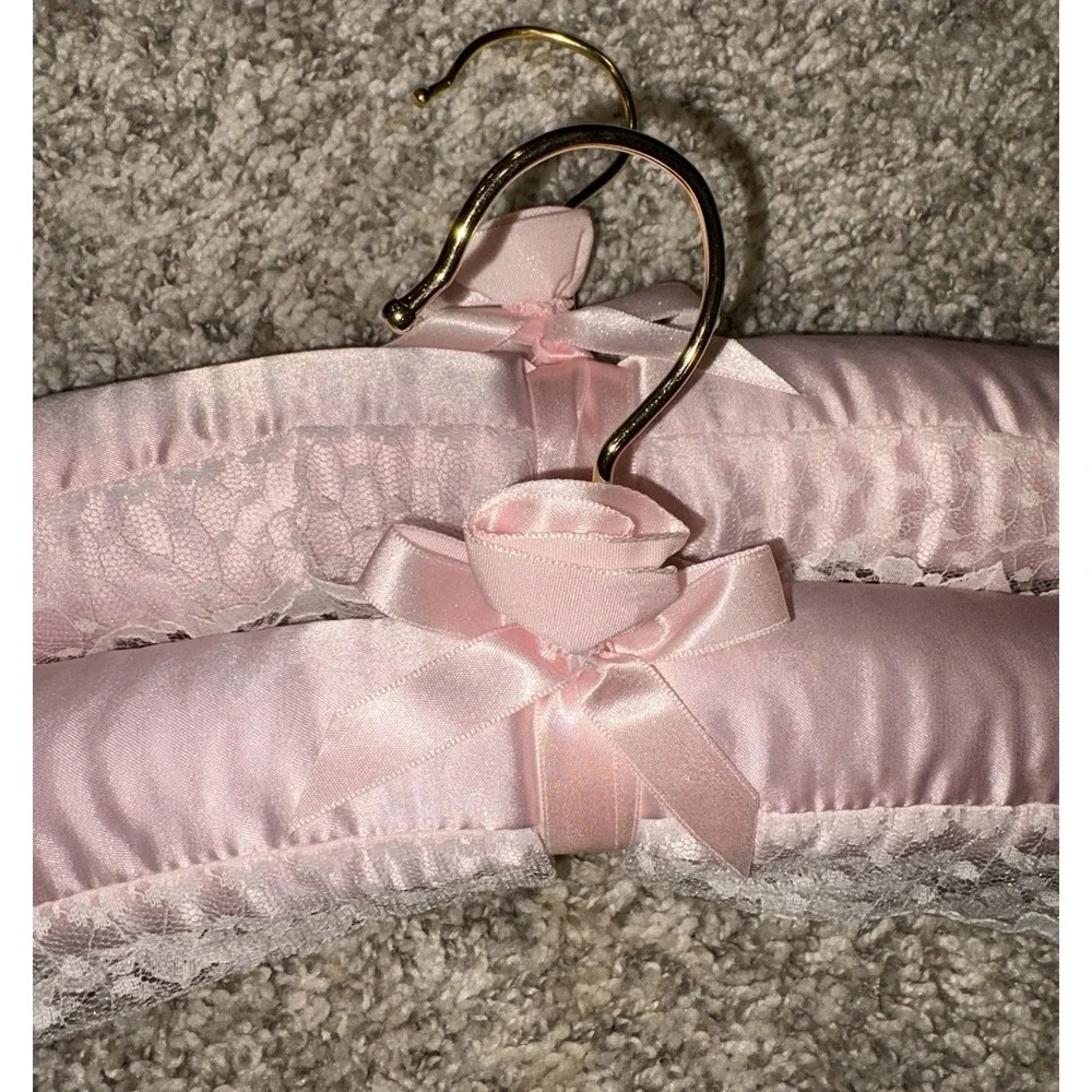 Set of Two Pink Satin and Lace Clothes Hangers Grandma Core Bridal Rosebud